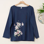 Buddha Stones Casual Floral Long Sleeve Round Neck Shirt Cotton Linen Women's Shirts Women's Shirts BS MidnightBlue US/UK/AU46，EU56 (5XL)