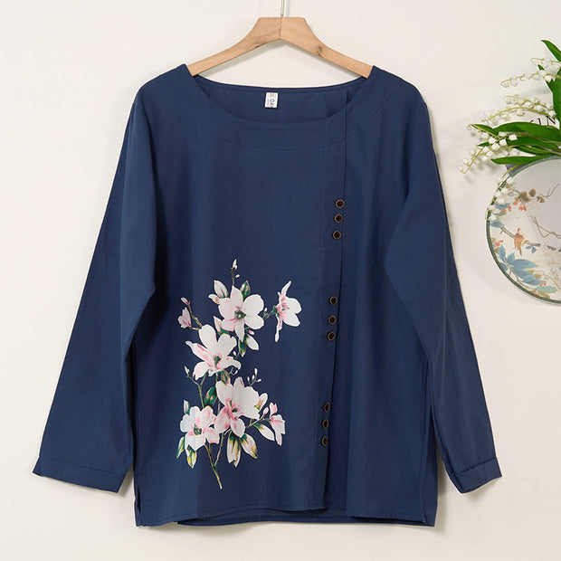 Buddha Stones Casual Floral Long Sleeve Round Neck Shirt Cotton Linen Women's Shirts