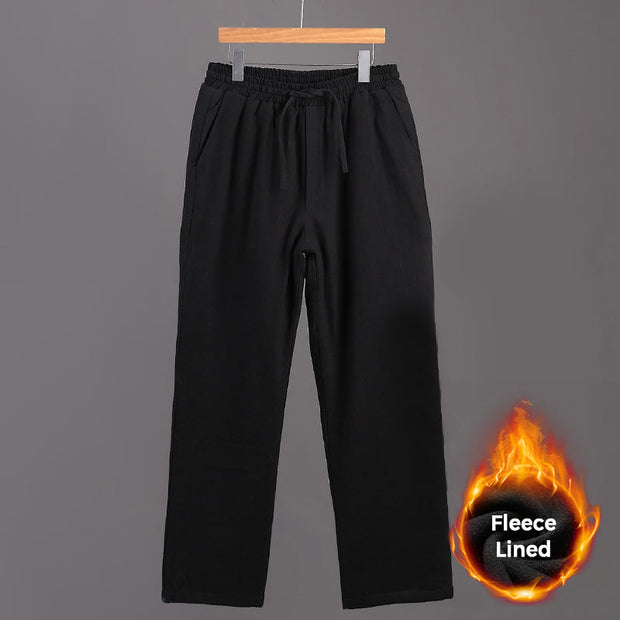 Buddha Stones Winter Men's Fleece Lined Drawstring Linen Pants With Pockets Men's Pants BS Black US/UK/AU42，EU52 (3XL)