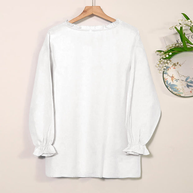 Buddha Stones Casual Ruffles Long Sleeve Round Neck Shirt Cotton Linen Women's Shirts