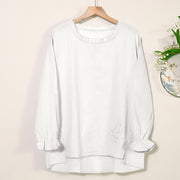 Buddha Stones Casual Ruffles Long Sleeve Round Neck Shirt Cotton Linen Women's Shirts