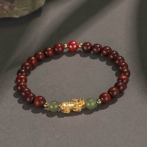 Buddha Stones 999 Sterling Silver Sandalwood Ebony Wood Small Leaf Red Sandalwood Hetian Jade Cinnabar PiXiu Wealth Bracelet Bracelet BS 9