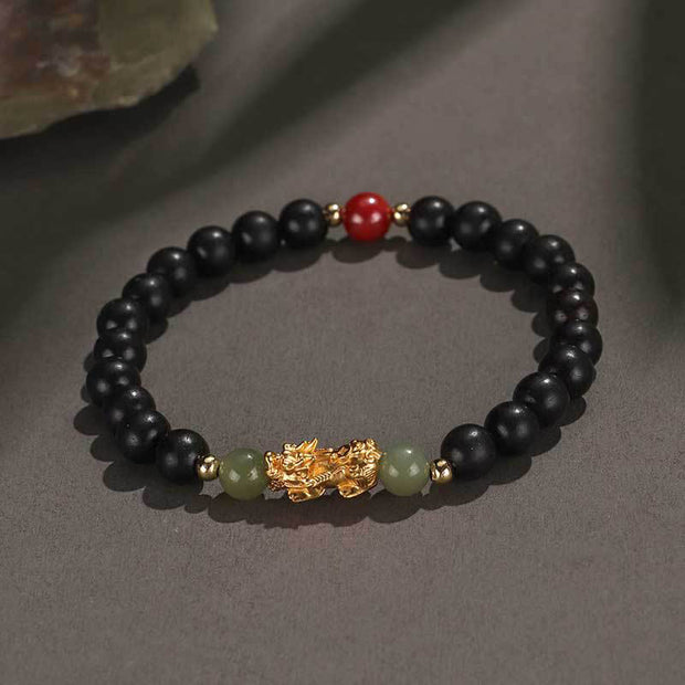 Buddha Stones 999 Sterling Silver Sandalwood Ebony Wood Small Leaf Red Sandalwood Hetian Jade Cinnabar PiXiu Wealth Bracelet Bracelet BS Ebony(Wrist Circumference: 14-16cm)