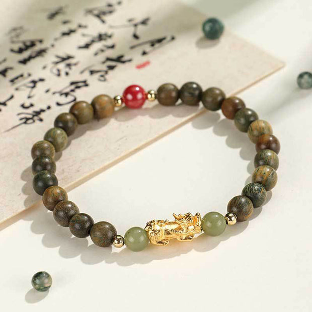 Buddha Stones 999 Sterling Silver Sandalwood Ebony Wood Small Leaf Red Sandalwood Hetian Jade Cinnabar PiXiu Wealth Bracelet Bracelet BS Green Sandalwood(Wrist Circumference: 14-16cm)