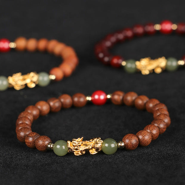 Buddha Stones 999 Sterling Silver Sandalwood Ebony Wood Small Leaf Red Sandalwood Hetian Jade Cinnabar PiXiu Wealth Bracelet Bracelet BS 19