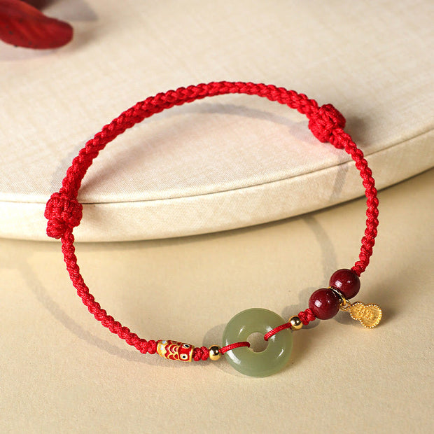 Buddha Stones Red String Black String Hetian Jade Peace Buckle Cinnabar 925 Silver Protection Bracelet