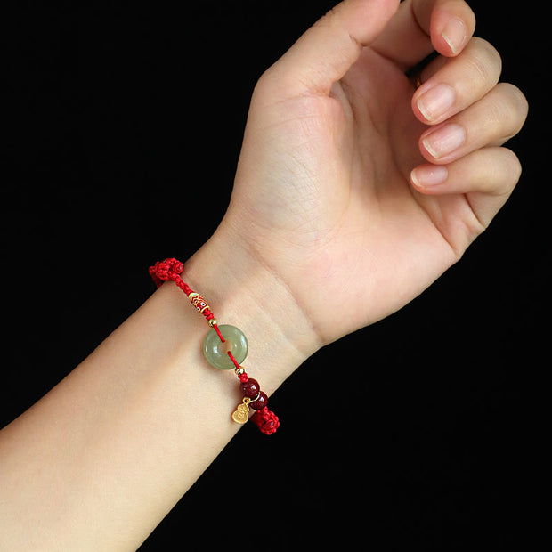 Buddha Stones Red String Black String Hetian Jade Peace Buckle Cinnabar 925 Silver Protection Bracelet Bracelet BS 5