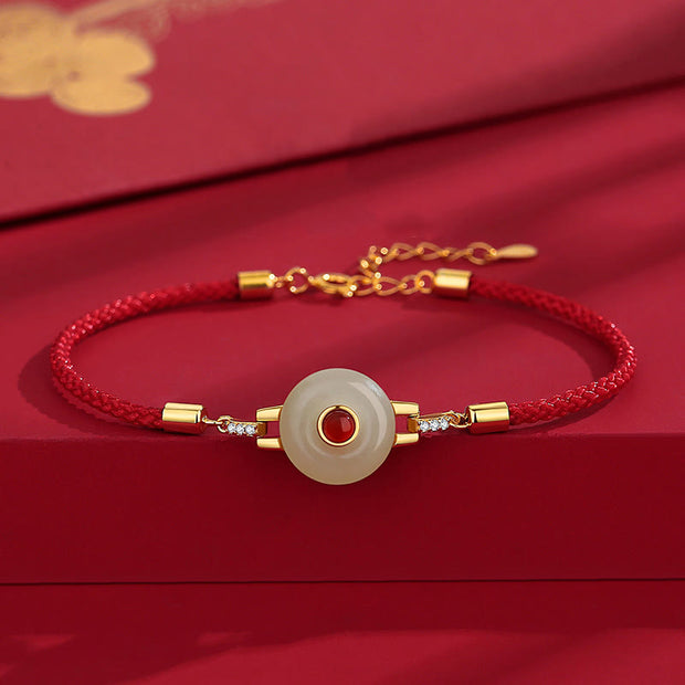 Buddha Stones Red String Hetian Jade Peace Buckle 925 Silver Strength Bracelet