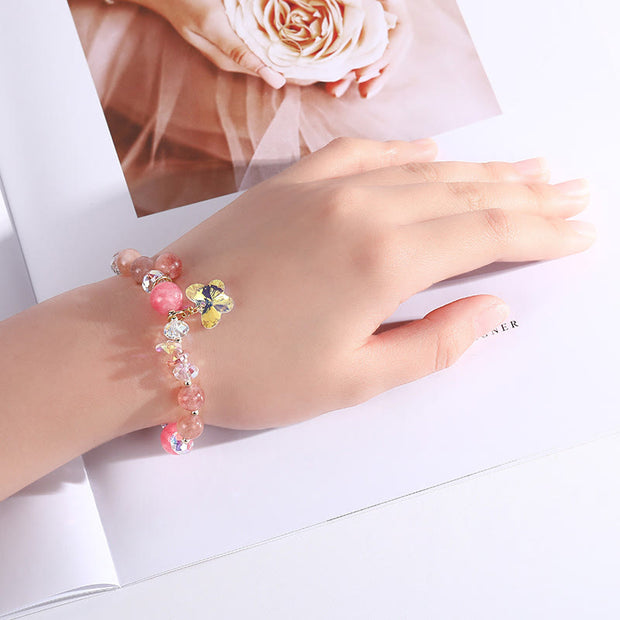 Buddha Stones Strawberry Quartz White Crystal Pink Crystal Butterfly Love Bracelet