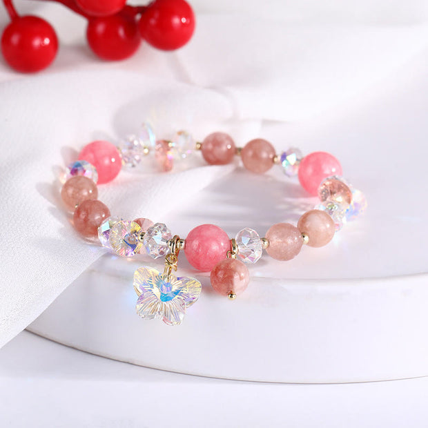 Buddha Stones Strawberry Quartz White Crystal Pink Crystal Butterfly Love Bracelet