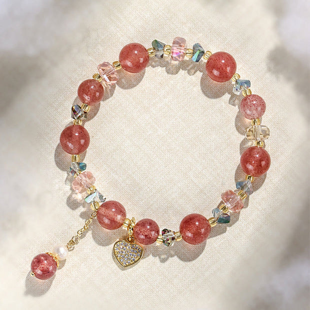 Buddha Stones Strawberry Quartz White Crystal Pearl Liuli Heart Healing Bracelet Bracelet BS 2