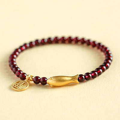 Buddha Stones Garnet 925 Sterling Silver Fish Fu Character Purification Bracelet Bracelet BS Garnet 925 Sterling Silver Gold Fish(Wrist Circumference: 14-16cm)