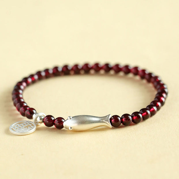 Buddha Stones Garnet 925 Sterling Silver Fish Fu Character Purification Bracelet