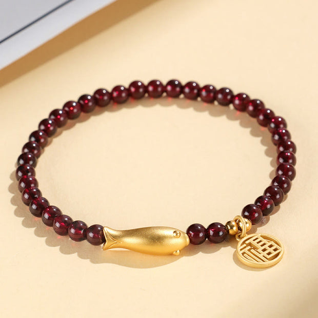 Buddha Stones Garnet 925 Sterling Silver Fish Fu Character Purification Bracelet