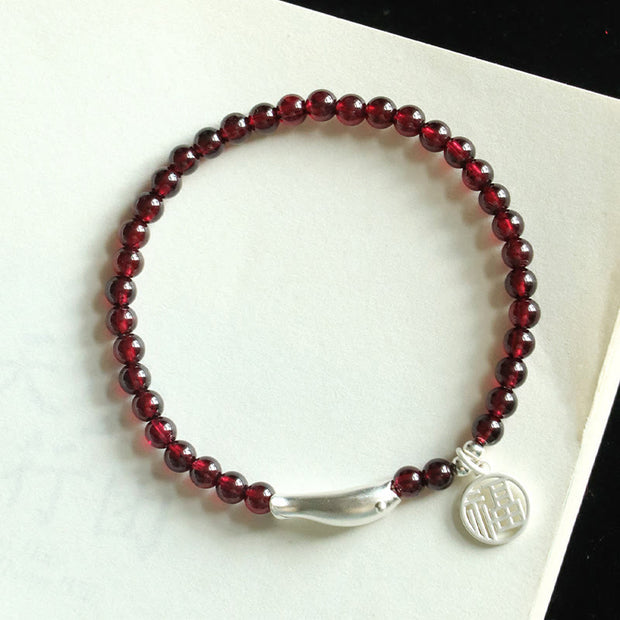 Buddha Stones Garnet 925 Sterling Silver Fish Fu Character Purification Bracelet Bracelet BS 10