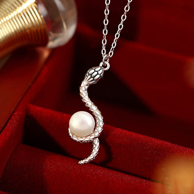 Buddha Stones 925 Sterling Silver Snake Around Pearl Year Of The Snake Blessing Necklace Pendant Necklaces & Pendants BS Snake Pearl White Gold