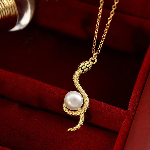 Buddha Stones 925 Sterling Silver Snake Around Pearl Year Of The Snake Blessing Necklace Pendant Necklaces & Pendants BS Snake Pearl 14k Gold Plated