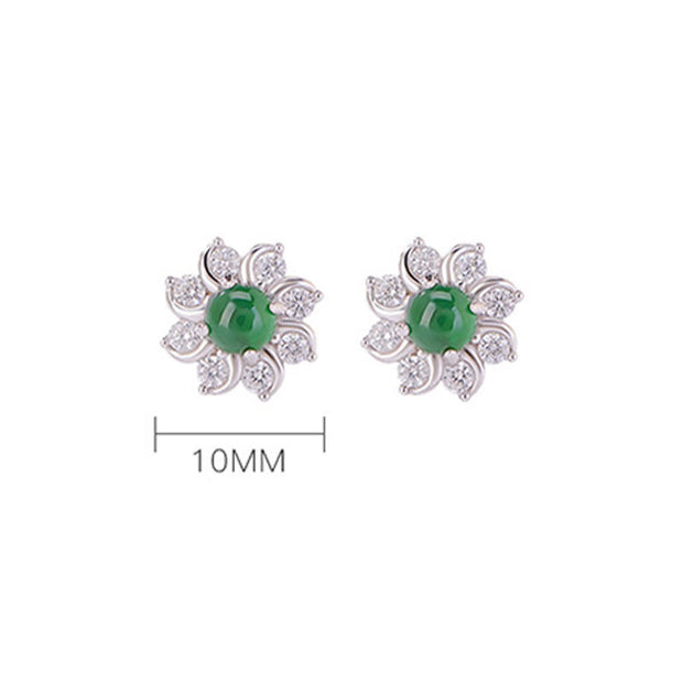 Buddha Stones 925 Sterling Silver Round Jade Flower Prosperity Earrings Earrings BS 4