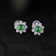 Buddha Stones 925 Sterling Silver Round Jade Flower Prosperity Earrings Earrings BS Jade&Silver