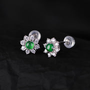 Buddha Stones 925 Sterling Silver Round Jade Flower Prosperity Earrings Earrings BS 3