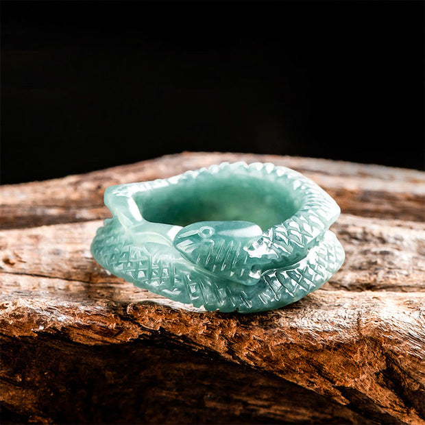 Buddha Stones Natural Jade Year Of The Snake Carving Prosperity Protection Ring Ring BS 1