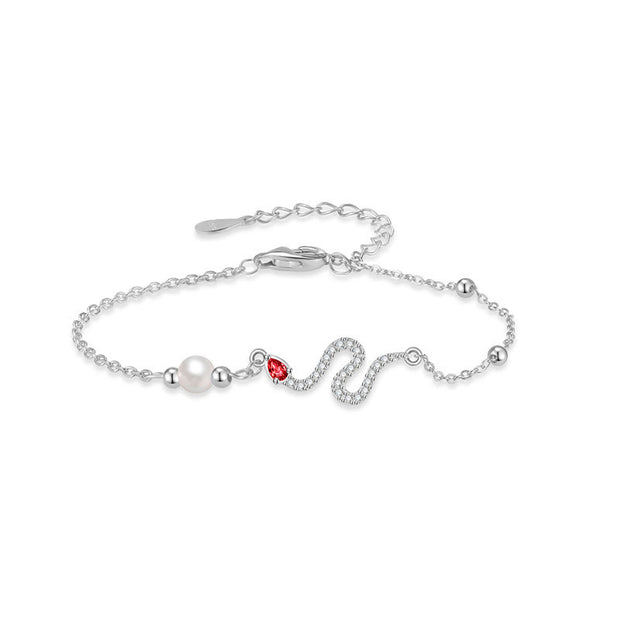 Buddha Stones 925 Sterling Silver Pearl Year Of The Snake Blessing Bracelet Bracelet BS Red-Eyed Snake Pearl White Gold (Wrist Circumference: 14-18cm)