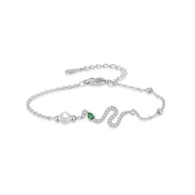 Buddha Stones 925 Sterling Silver Pearl Year Of The Snake Blessing Bracelet Bracelet BS Green-Eyed Snake Pearl White Gold (Wrist Circumference: 14-18cm)