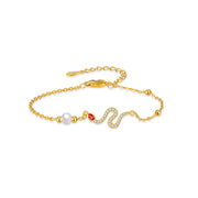 Buddha Stones 925 Sterling Silver Pearl Year Of The Snake Blessing Bracelet Bracelet BS Red-Eyed Snake Pearl Yellow Gold (Wrist Circumference: 14-18cm)