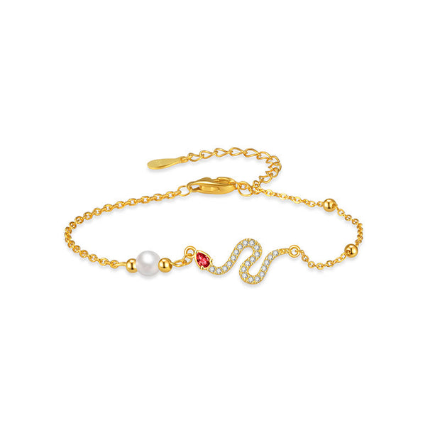 Buddha Stones 925 Sterling Silver Pearl Year Of The Snake Blessing Bracelet Bracelet BS Red-Eyed Snake Pearl Yellow Gold (Wrist Circumference: 14-18cm)