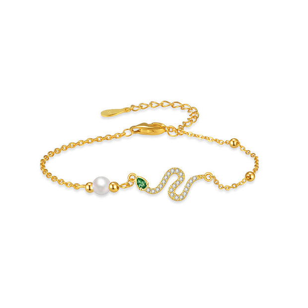 Buddha Stones 925 Sterling Silver Pearl Year Of The Snake Blessing Bracelet Bracelet BS Green-Eyed Snake Pearl Yellow Gold (Wrist Circumference: 14-18cm)