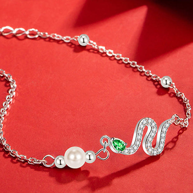 Buddha Stones 925 Sterling Silver Pearl Year Of The Snake Blessing Bracelet