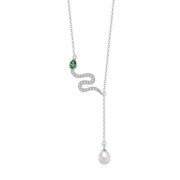 Buddha Stones 925 Sterling Silver Pearl Year Of The Snake Blessing Necklace Pendant Necklaces & Pendants BS Green-Eyed Snake Pearl White Gold