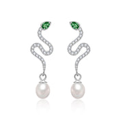 Buddha Stones 925 Sterling Silver Pearl Year Of The Snake Blessing Earrings Earrings BS Green-Eyed Snake Pearl White Gold