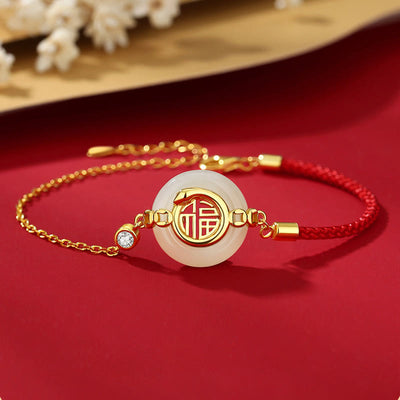 Buddha Stones 925 Sterling Silver Hetian Jade Peace Buckle Fu Character Year Of Snake Red String Protection Braided Bracelet