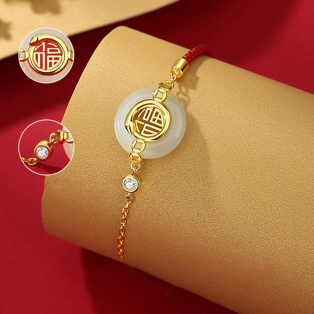 Buddha Stones 925 Sterling Silver Hetian Jade Peace Buckle Fu Character Year Of Snake Red String Protection Braided Bracelet