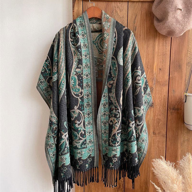 Buddha Stones Tibetan Cashew Flower Tassel Shawl Fall Winter Cozy Travel Scarf Wrap Tibetan Shawl BS 5