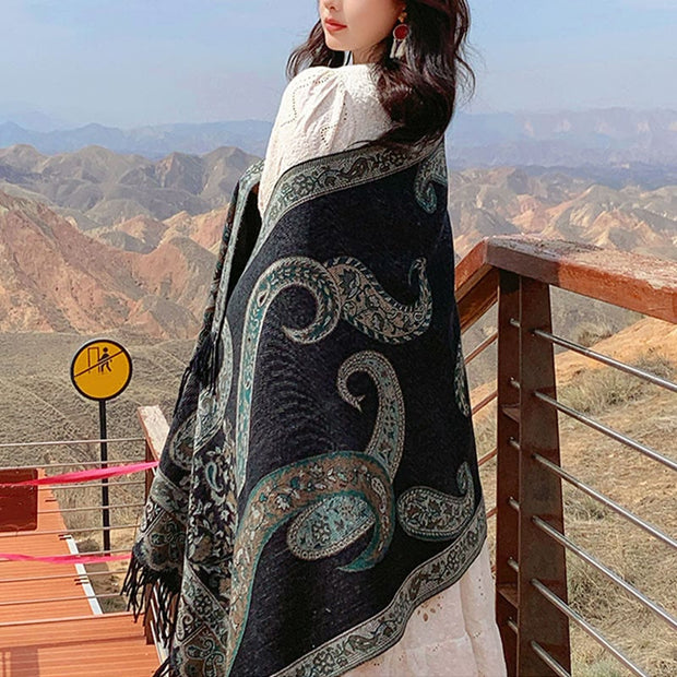 Buddha Stones Tibetan Cashew Flower Tassel Shawl Fall Winter Cozy Travel Scarf Wrap Tibetan Shawl BS 1