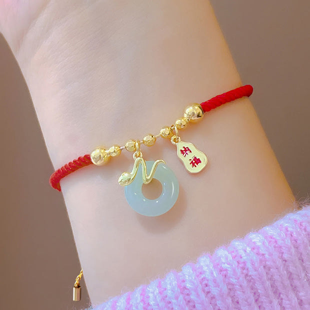 Buddha Stones Copper Plated Gold Peace Buckle Fu Character Year Of The Snake Red String Luck Bracelet