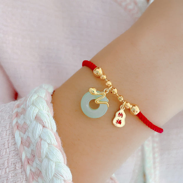 Buddha Stones Copper Plated Gold Peace Buckle Fu Character Year Of The Snake Red String Luck Bracelet