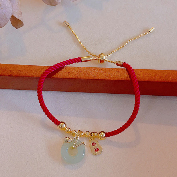 Buddha Stones Copper Plated Gold Jade Peace Buckle Fu Character Year Of The Snake Red String Luck Bracelet