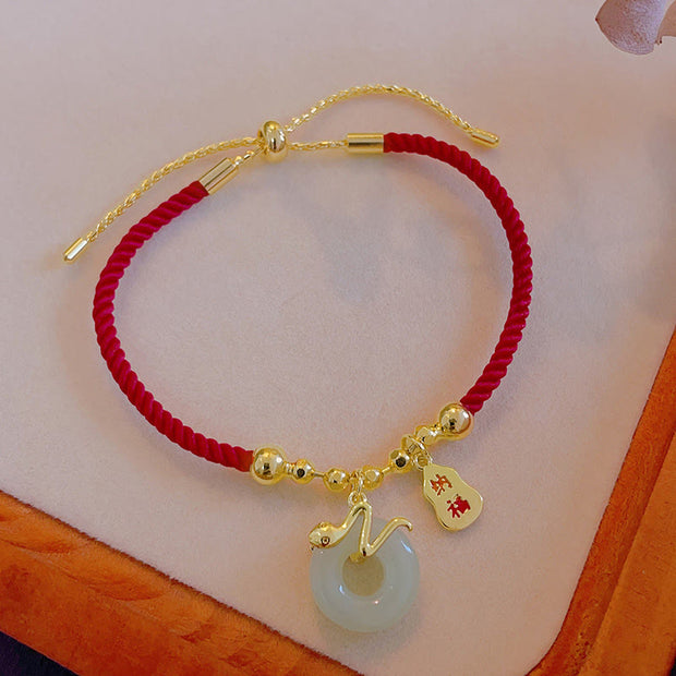 Buddha Stones Copper Plated Gold Jade Peace Buckle Fu Character Year Of The Snake Red String Luck Bracelet