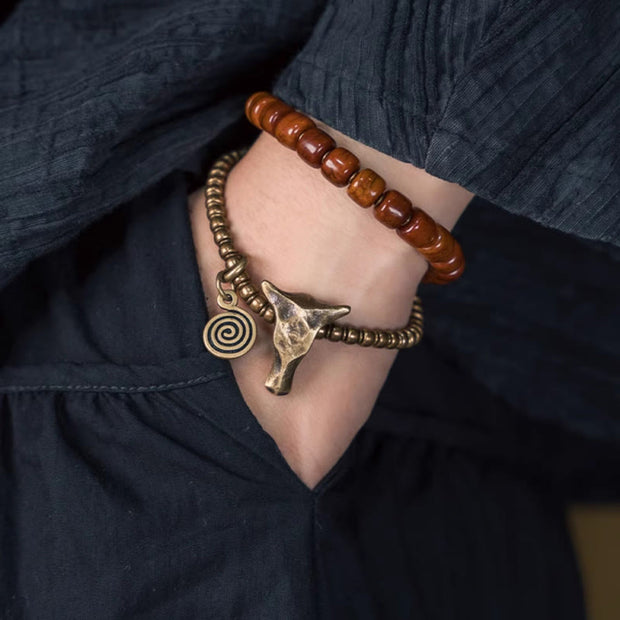 Buddha Stones Yak Bone Copper Yak Head Cone Pendant Double Wrap Strength Bracelet Bracelet BS 8