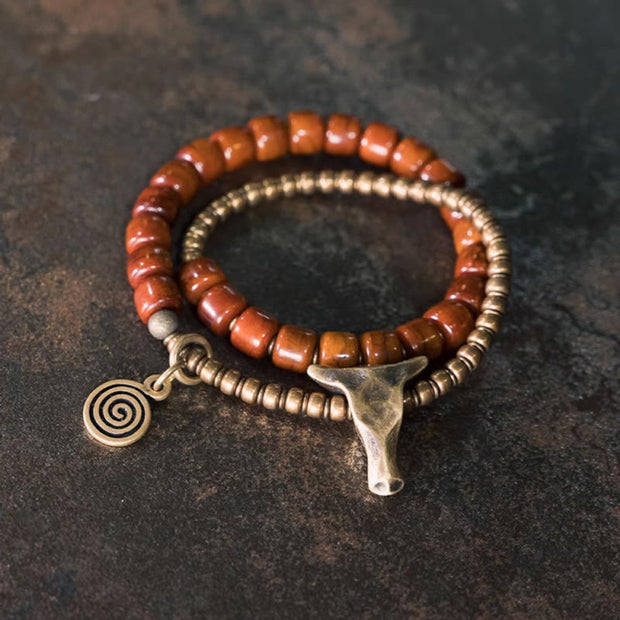 Buddha Stones Yak Bone Copper Yak Head Cone Pendant Double Wrap Strength Bracelet Bracelet BS 1