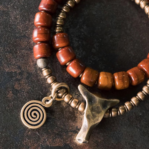 Buddha Stones Yak Bone Copper Yak Head Cone Pendant Double Wrap Strength Bracelet Bracelet BS 3