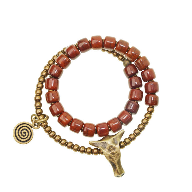 Buddha Stones Yak Bone Copper Yak Head Cone Pendant Double Wrap Strength Bracelet Bracelet BS 13