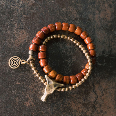 Buddha Stones Yak Bone Copper Yak Head Cone Pendant Double Wrap Strength Bracelet Bracelet BS Yak Bone Copper(Wrist Circumference: 17-17.5cm)