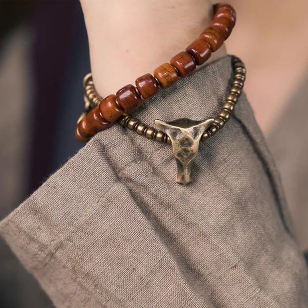 Buddha Stones Yak Bone Copper Yak Head Cone Pendant Double Wrap Strength Bracelet