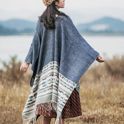 Buddha Stones Tibetan Geometric Rhombus Pattern Tassels Shawl Fall Winter Warm Cozy Scarf Wrap Tibetan Shawl BS SteelBlue 130*150cm