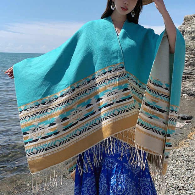 Buddha Stones Tibetan Geometric Rhombus Pattern Tassels Shawl Fall Winter Warm Cozy Scarf Wrap Tibetan Shawl BS Aqua 130*150cm