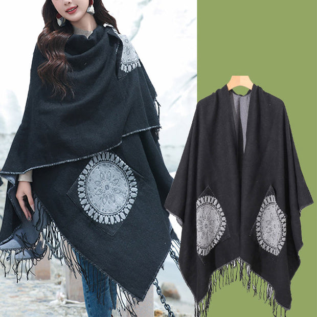 Buddha Stones Tibetan Geometric Round Mandala Pattern Tassels Shawl Fall Winter Cozy Scarf Wrap With Pockets